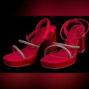 Amoji Hot Pink Rhinestone Strappy Block Heels – Size 8 | NWT